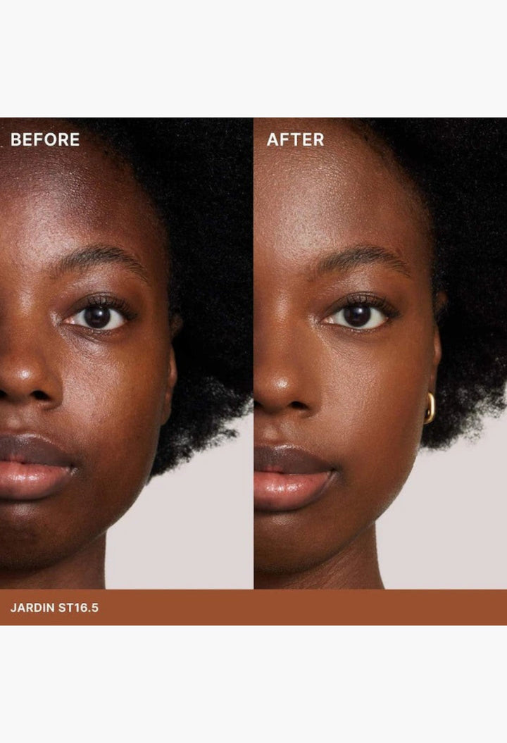 GLAM MODA Super Serum Skin Tint before and after application on a model showing radiant light coverage