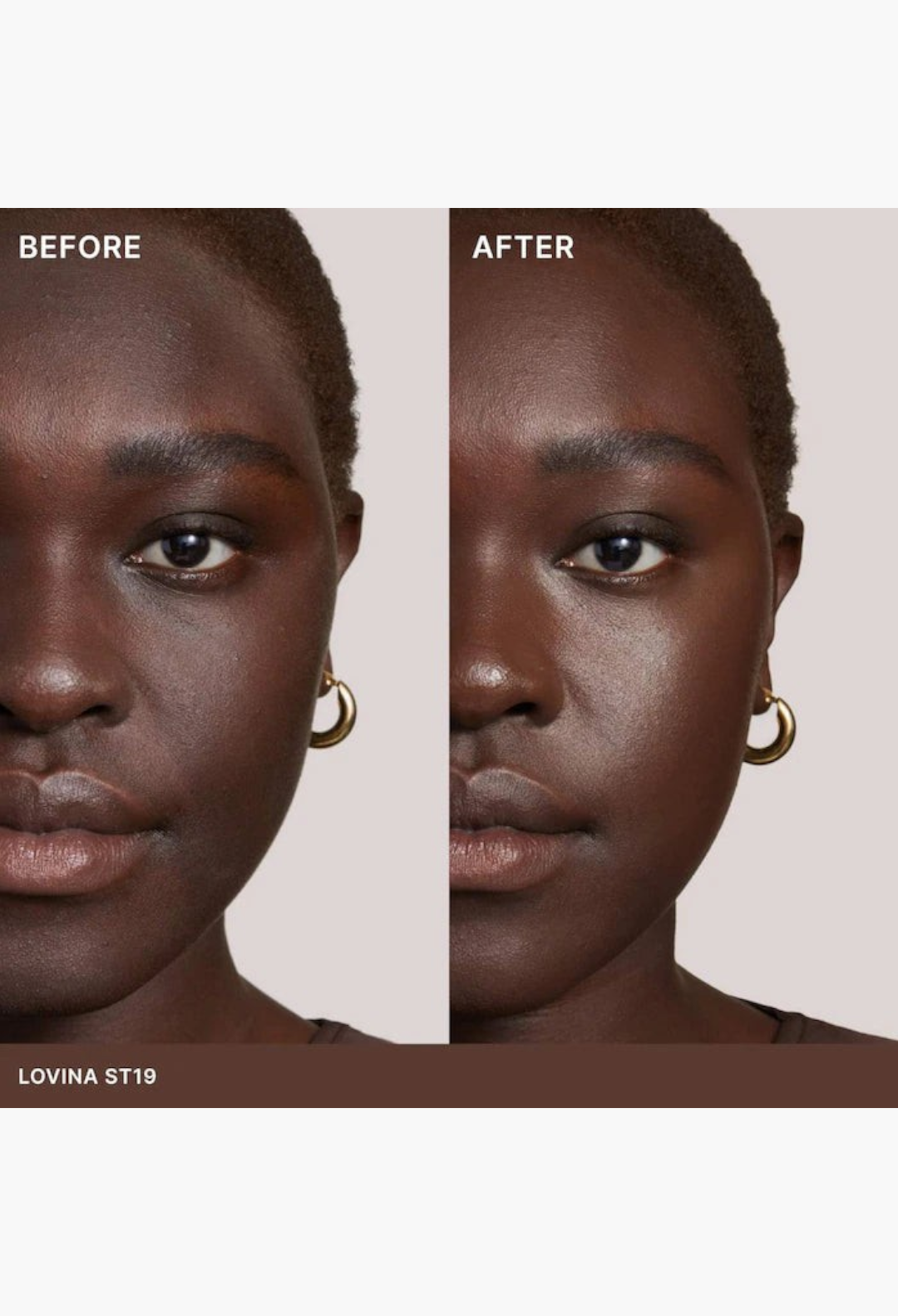 GLAM MODA Super Serum Skin Tint before and after application on a model showing radiant light coverage