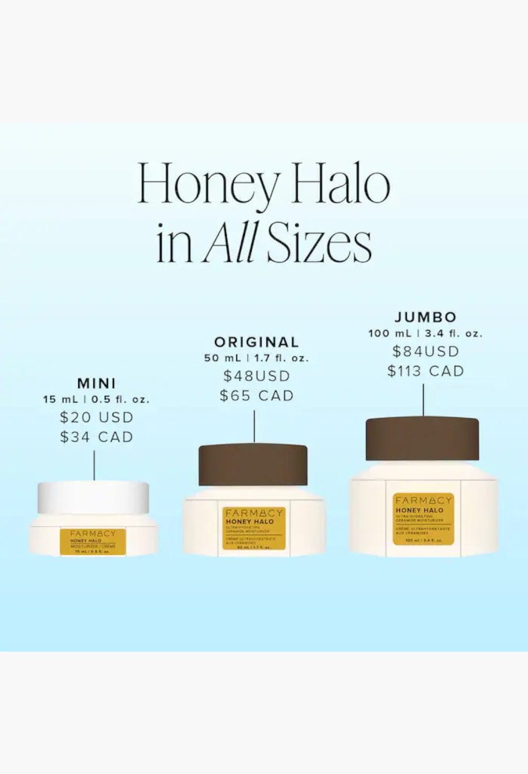 GLAM MODA Honey Halo ceramide moisturizer jars in mini, original, and jumbo sizes for dry skin hydration.