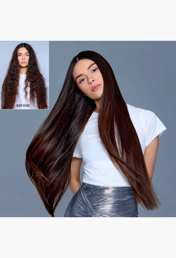 GLAM MODA Dream Coat anti-frizz spray results showing a woman with long, sleek, glossy, and straight dark brown hair.