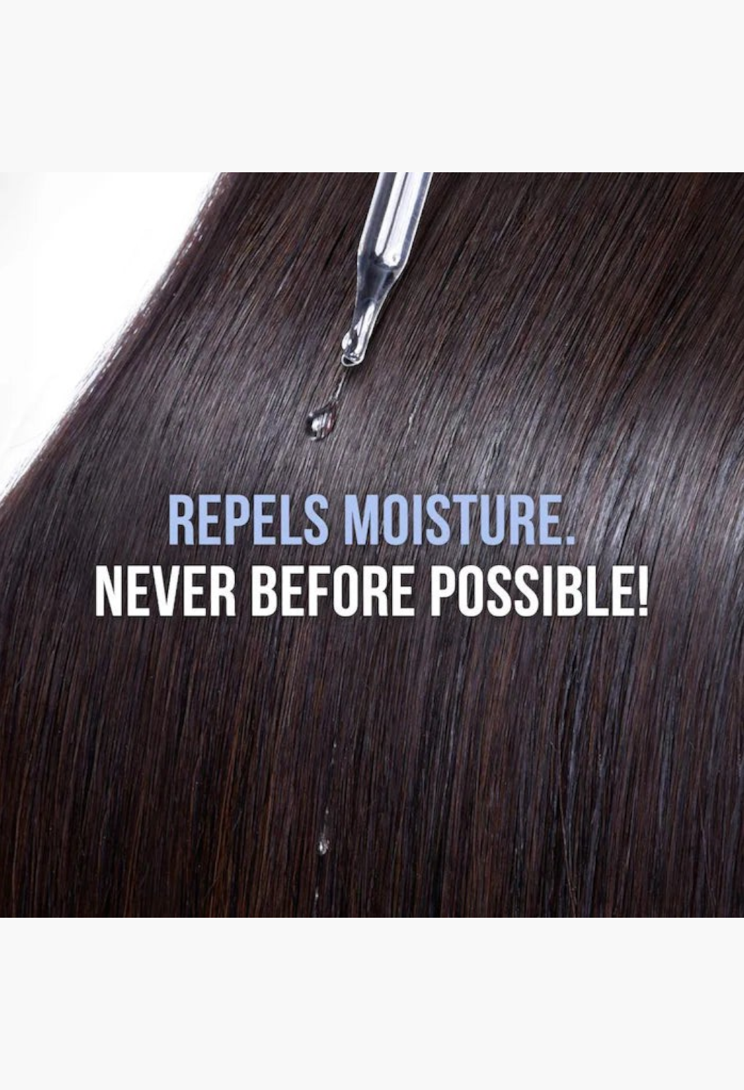 GLAM MODA Dream Coat anti-frizz spray demonstrating water-repellent technology on smooth, glossy dark hair