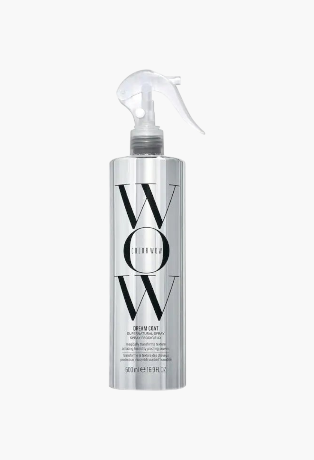 GLAM MODA Color Wow Dream Coat anti-frizz blow dry treatment spray in a silver bottle with a clear trigger sprayer.