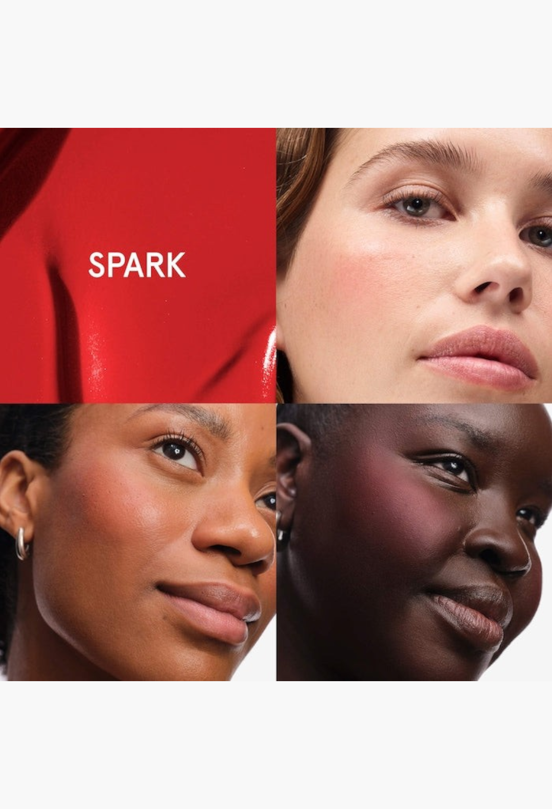 GLAM MODA Cloud Paint gel-cream blush in Spark shade, shown as a red pigment swatch and on three diverse models.