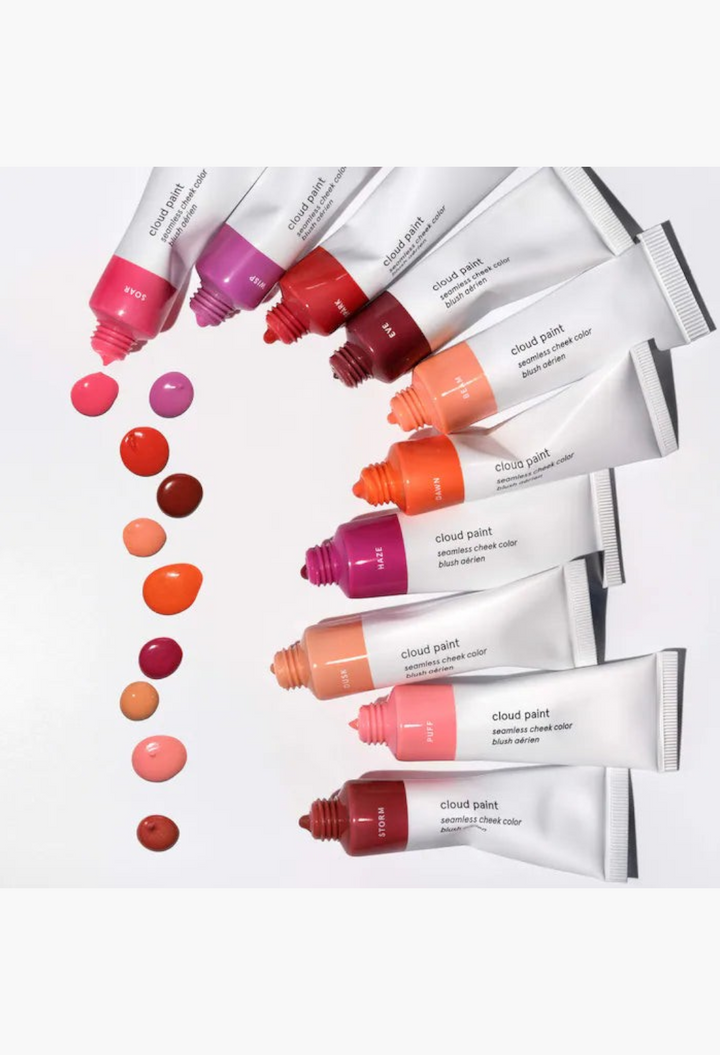 GLAM MODA Cloud Paint gel-cream blush tubes in various shades with colorful swatches on a white background