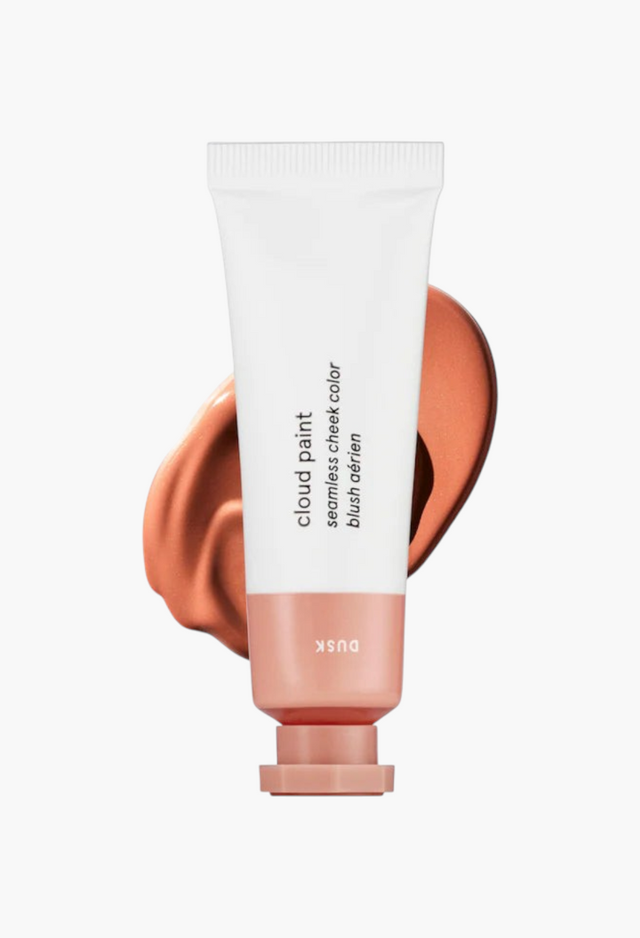 GLAM MODA Cloud Paint gel-cream blush in Dusk shade, a warm brownish-pink, shown in a squeeze tube with a swatch.