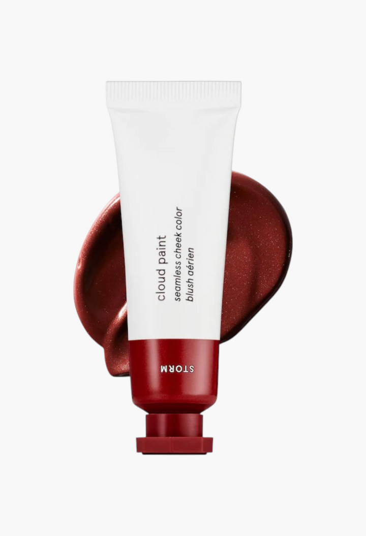 GLAM MODA Cloud Paint gel-cream blush in Storm shade, a deep warm red, shown with a swatch of the product.