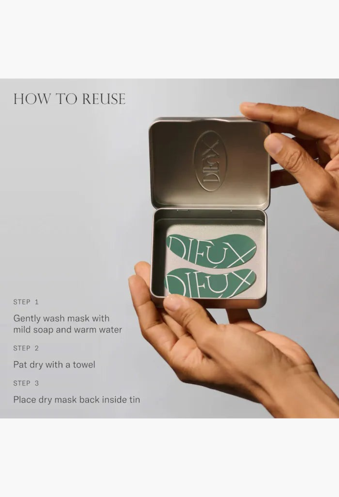 GLAM MODA reusable silicone eye masks in a metal storage tin with care instructions for cleaning and maintenance