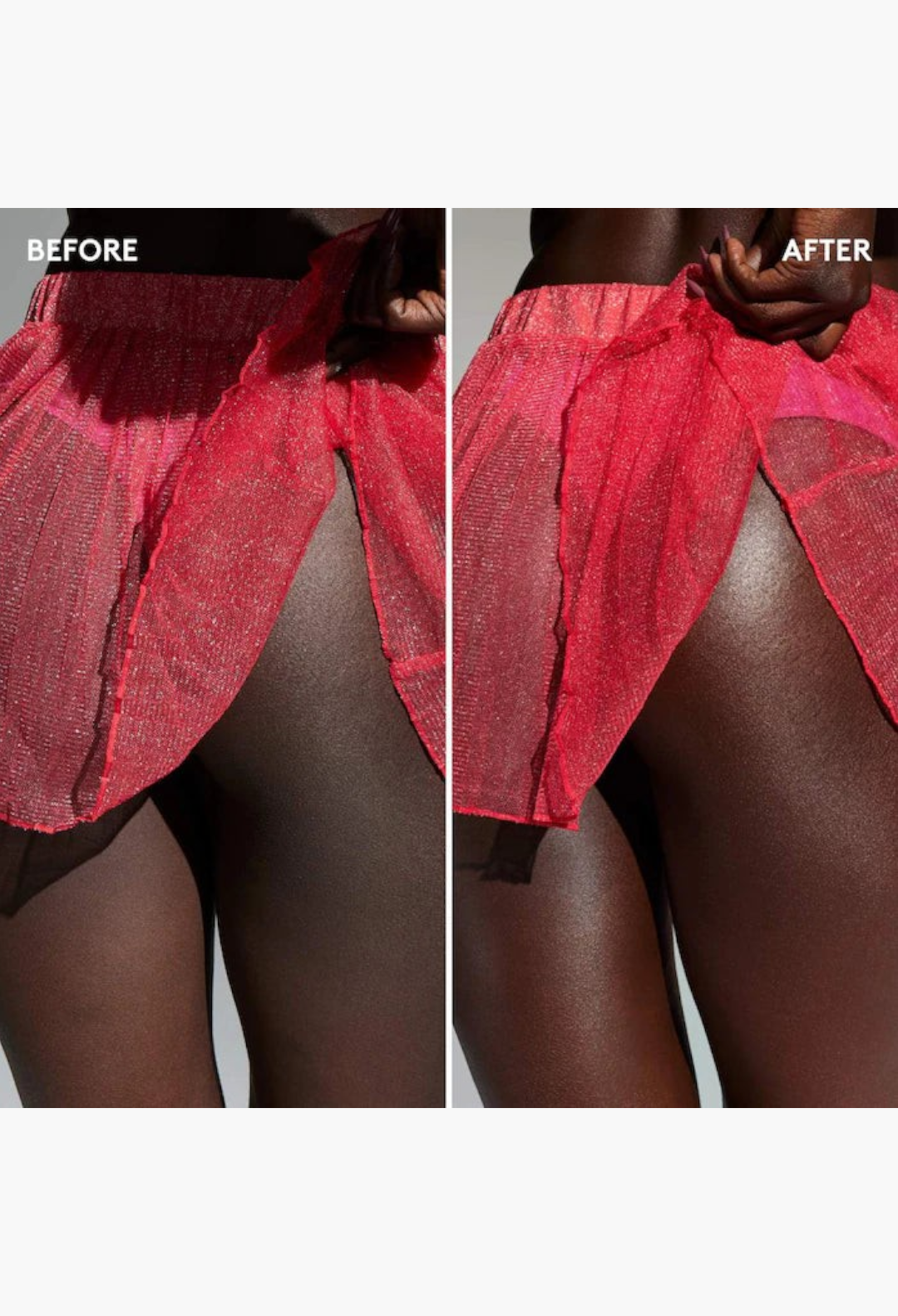 GLAM MODA Butta Drop Hydrating Body Milk showing before and after application on skin for a healthy, hydrated sheen.
