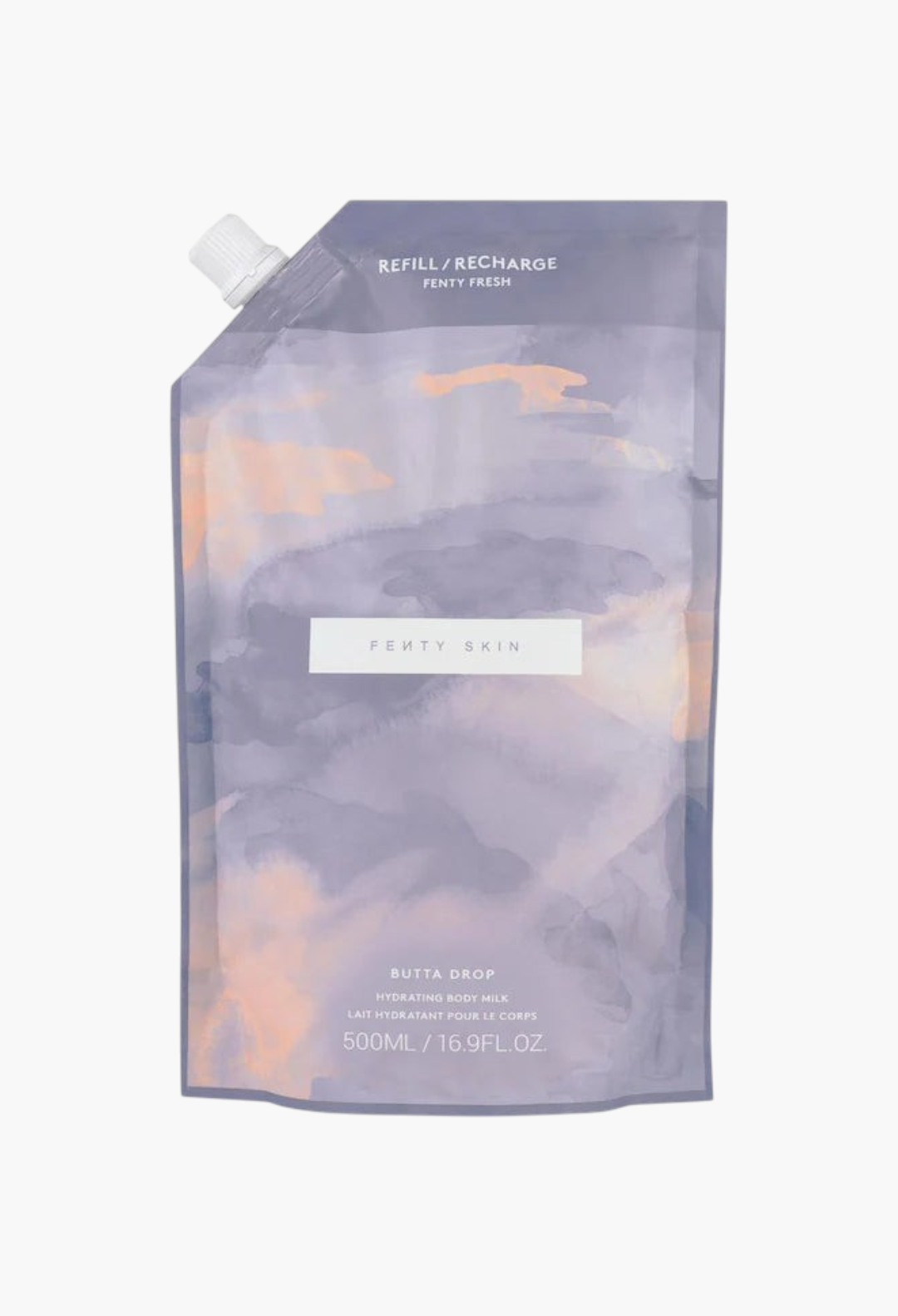 GLAM MODA Fenty Skin Butta Drop hydrating body milk refill pouch with a soft purple and orange watercolor design.