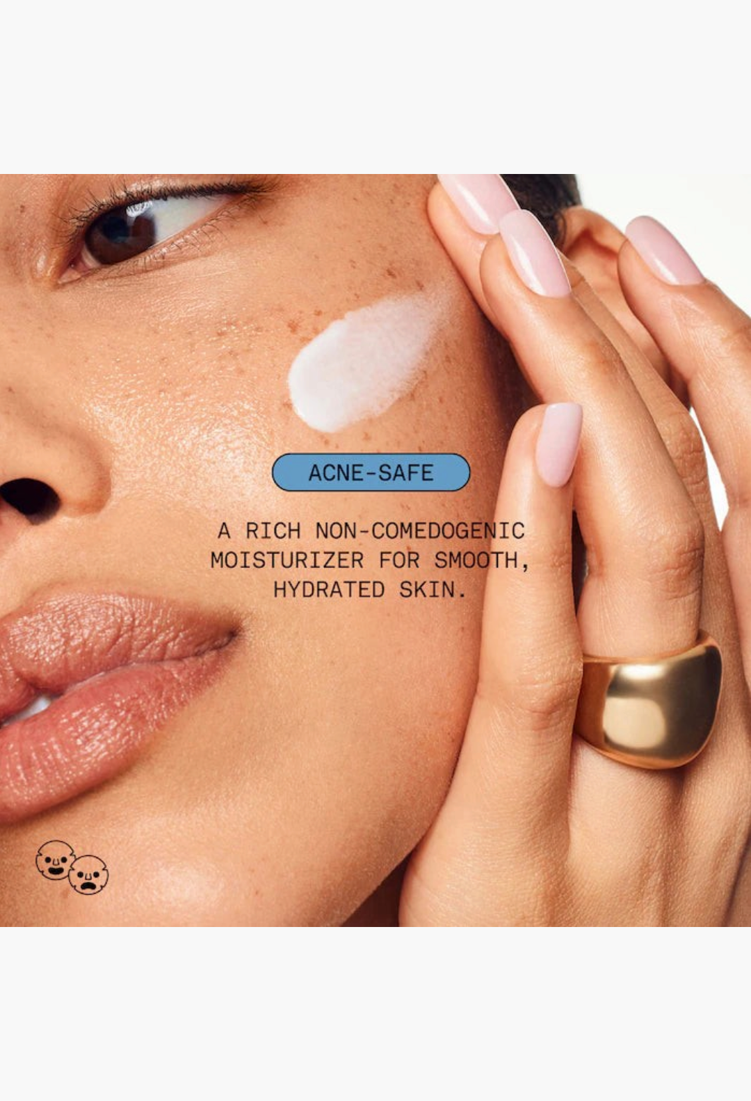 GLAM MODA Omega Rich Moisturizer cream applied to a model's cheek for smooth, hydrated, and acne-safe skin care.