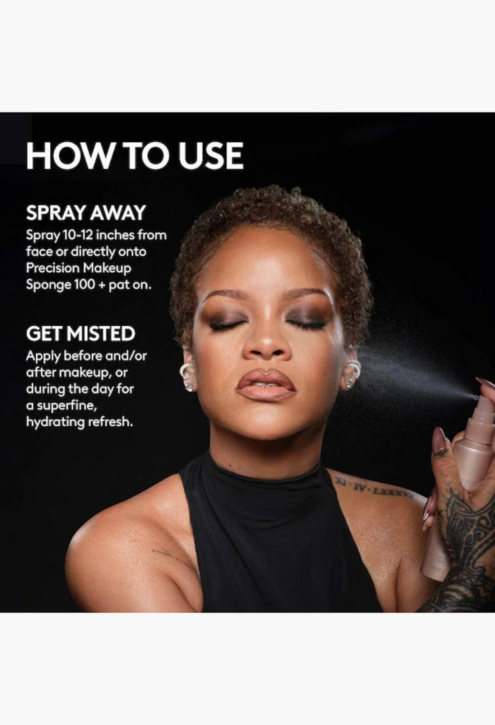 GLAM MODA You Mist setting spray being applied to a woman's face as a superfine hydrating mist for makeup longevity.
