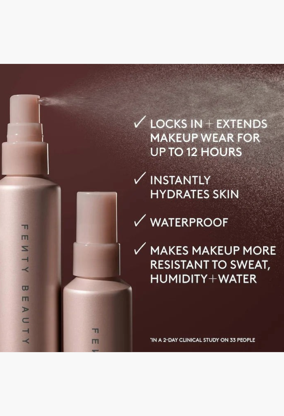 GLAM MODA Fenty Beauty You Mist setting spray bottles with superfine mist spray and 12-hour makeup wear benefits.