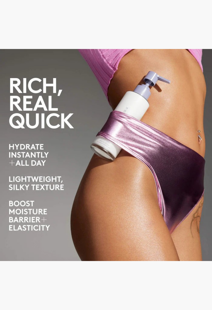 GLAM MODA Butta Drop Hydrating Body Milk bottle tucked into metallic purple bikini bottoms on a model's hip.