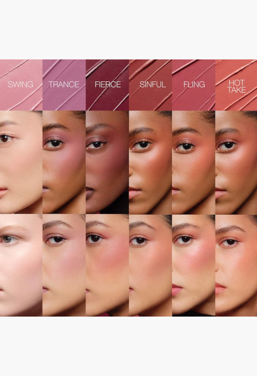 GLAM MODA multipurpose blush stick shades applied on diverse skin tones for cheeks, eyes, and lips with soft finish.