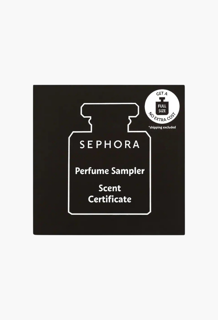 GLAM MODA perfume sampler set scent certificate graphic with a bottle icon and text about redeeming a full-size scent.