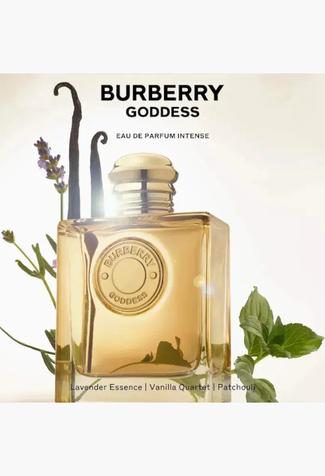 GLAM MODA Burberry Goddess Eau de Parfum Intense bottle with lavender, vanilla beans, and patchouli leaves.