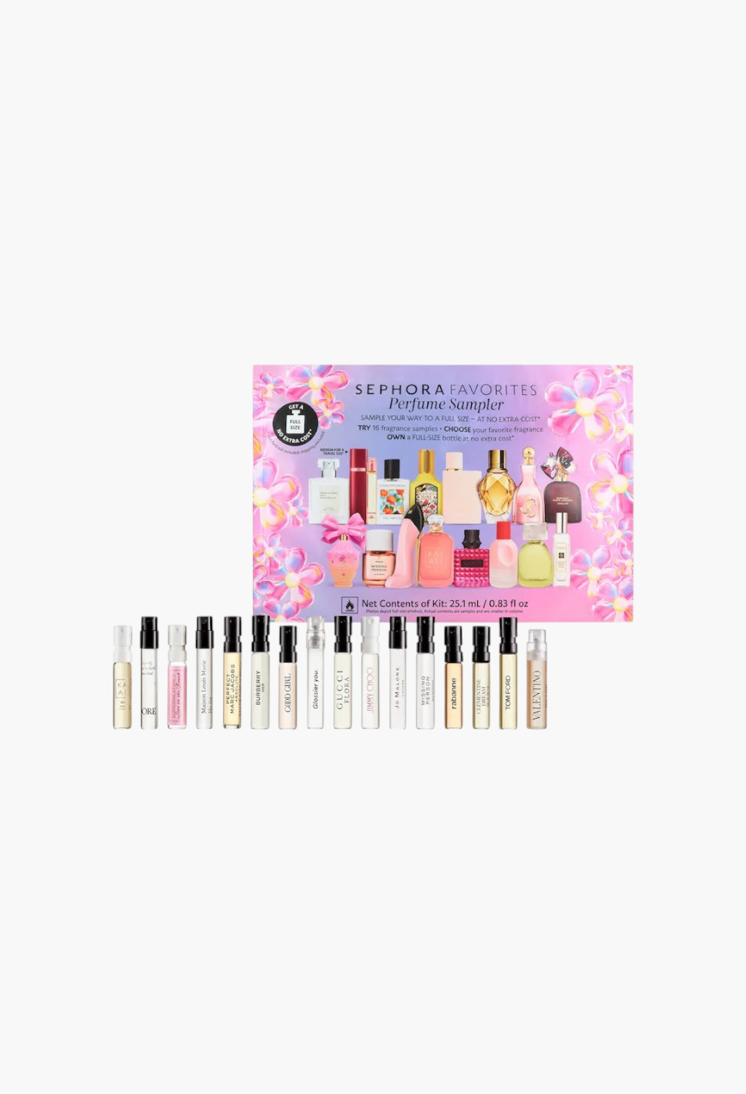 GLAM MODA Sephora Favorites perfume sampler set featuring 16 luxury fragrance vials and a full-size redemption voucher.