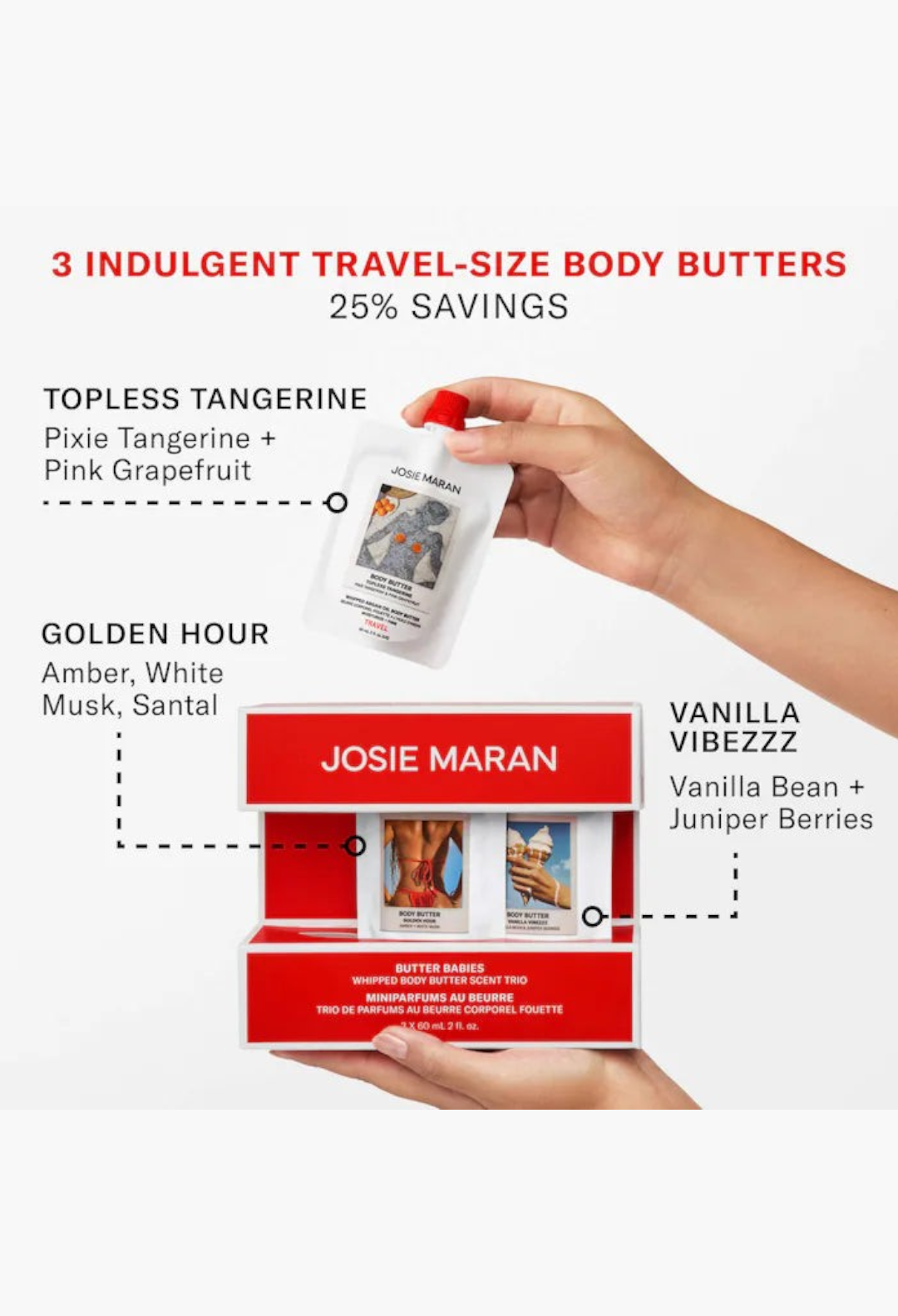 GLAM MODA travel-size Josie Maran whipped argan oil body butter trio set in Topless Tangerine, Golden Hour, and Vanilla