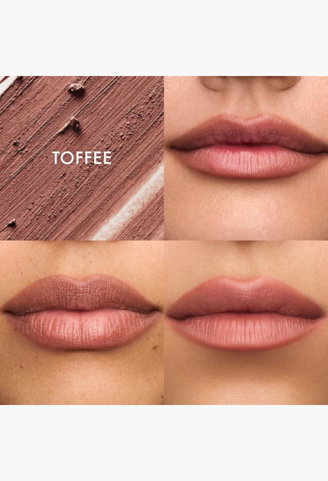 GLAM MODA SoftLine creamy sculpting lip liner in Toffee shade shown as a swatch and applied on lips for definition.