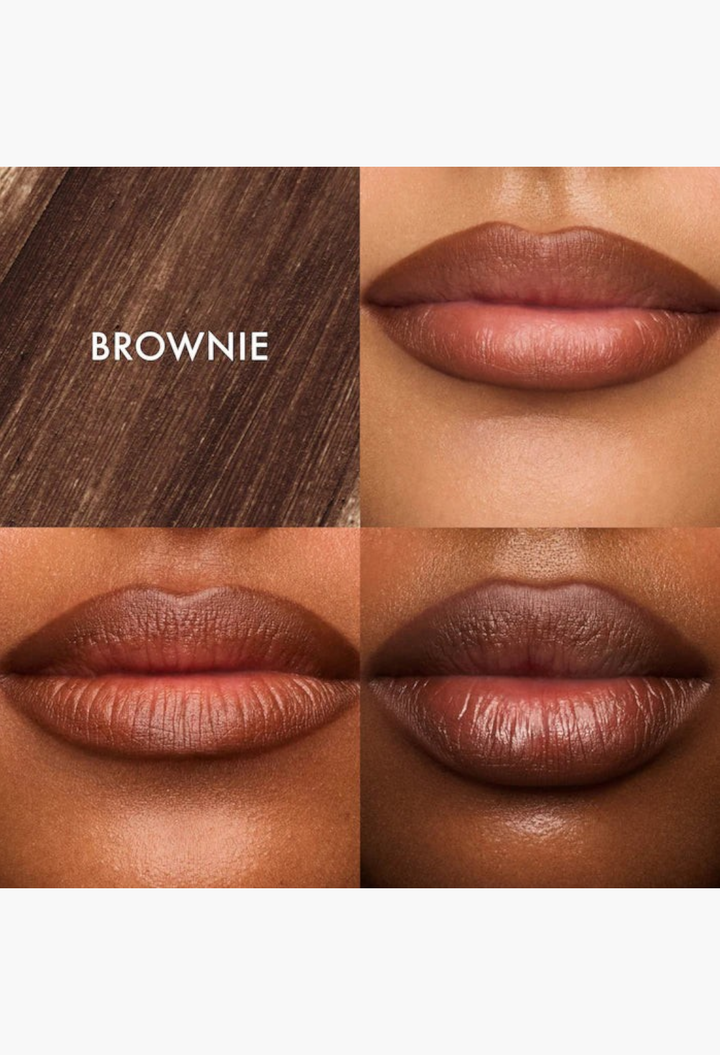 GLAM MODA SoftLine creamy lip liner in Brownie shade, showing swatch and application on lips for a sculpted look.