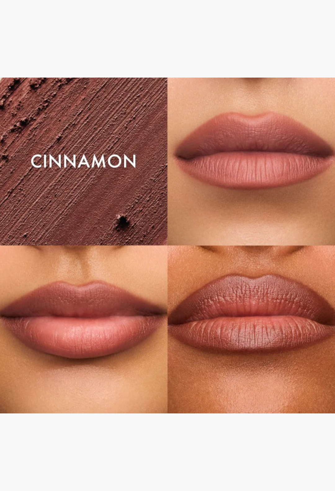 GLAM MODA SoftLine creamy lip liner in Cinnamon shade showing lip application and texture swatch on a white background