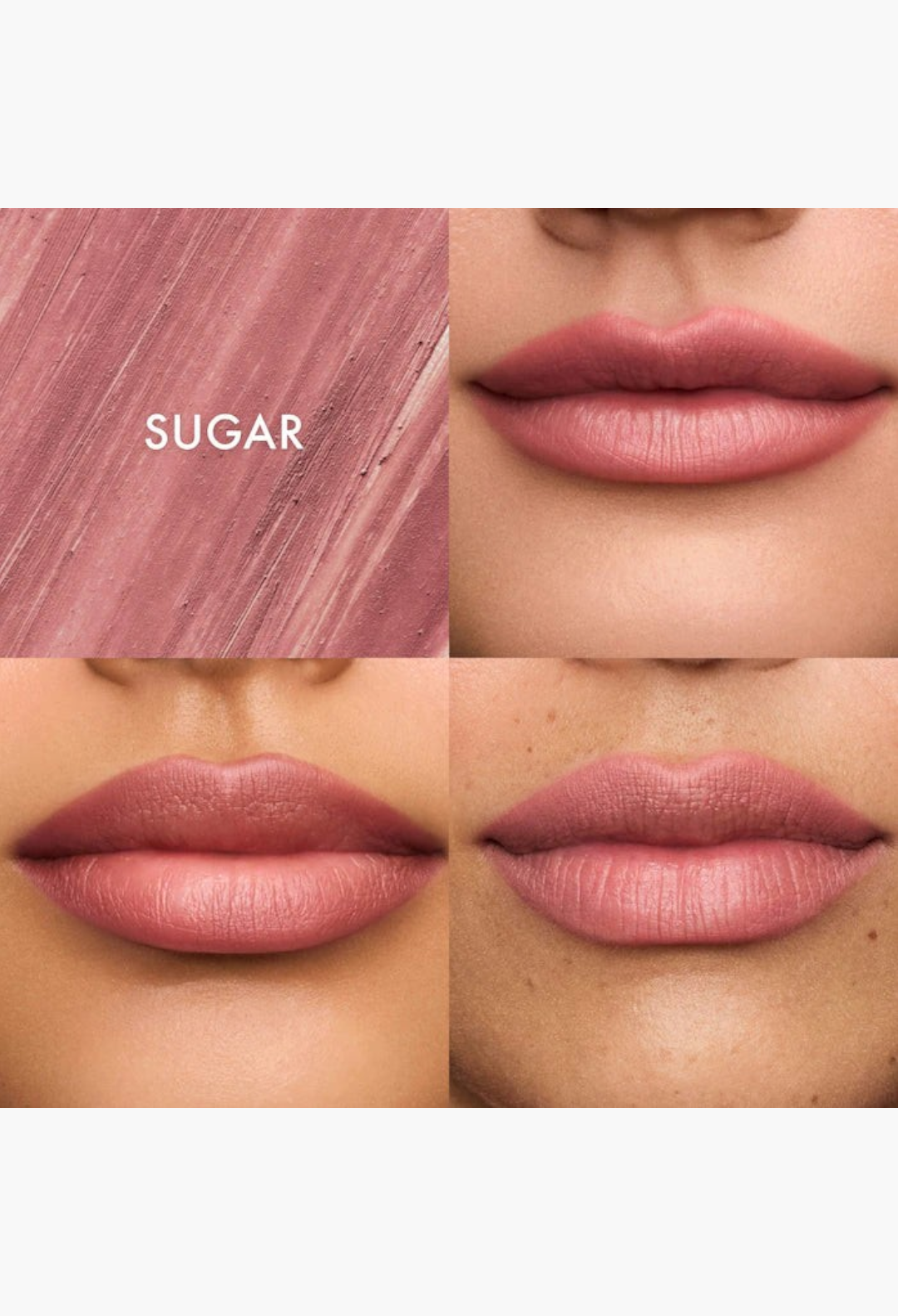 GLAM MODA SoftLine creamy lip liner in Sugar shade, shown as a swatch and applied on diverse skin tones for definition.