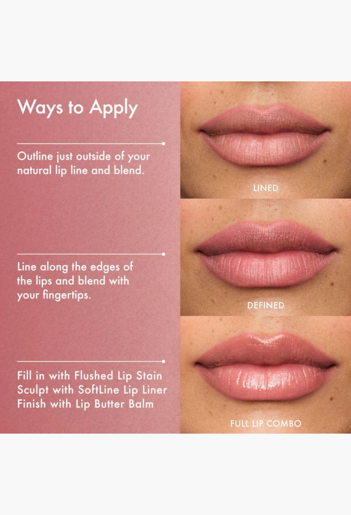 GLAM MODA SoftLine lip liner application guide showing lined, defined, and full lip combo results on natural lips