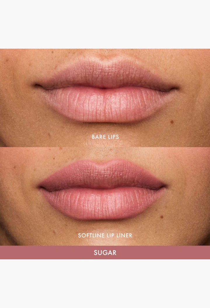GLAM MODA SoftLine lip liner in Sugar shade showing a before and after comparison of bare lips versus defined lips.