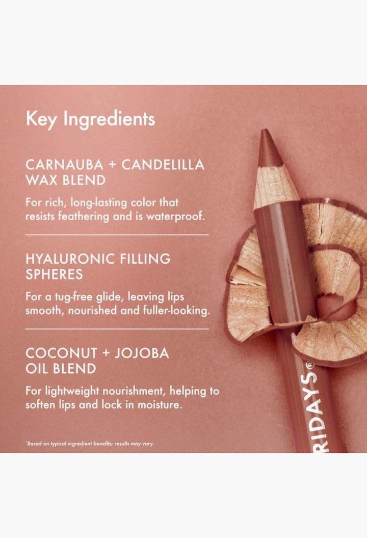 GLAM MODA SoftLine creamy sculpting lip pencil with key ingredient benefits listed on a warm terracotta background.