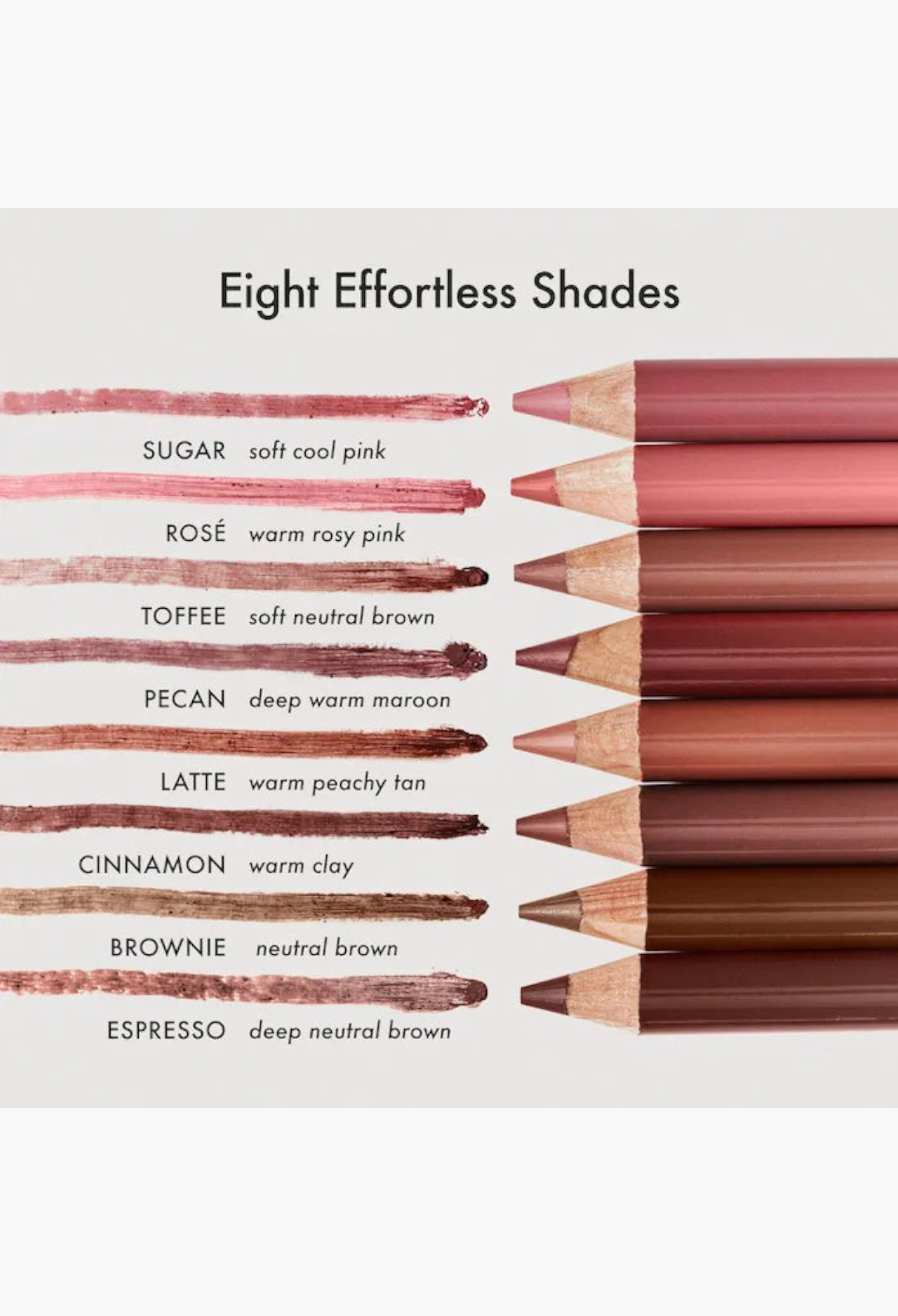 GLAM MODA SoftLine lip liner pencils in eight shades with corresponding color swatches from pink to deep brown.