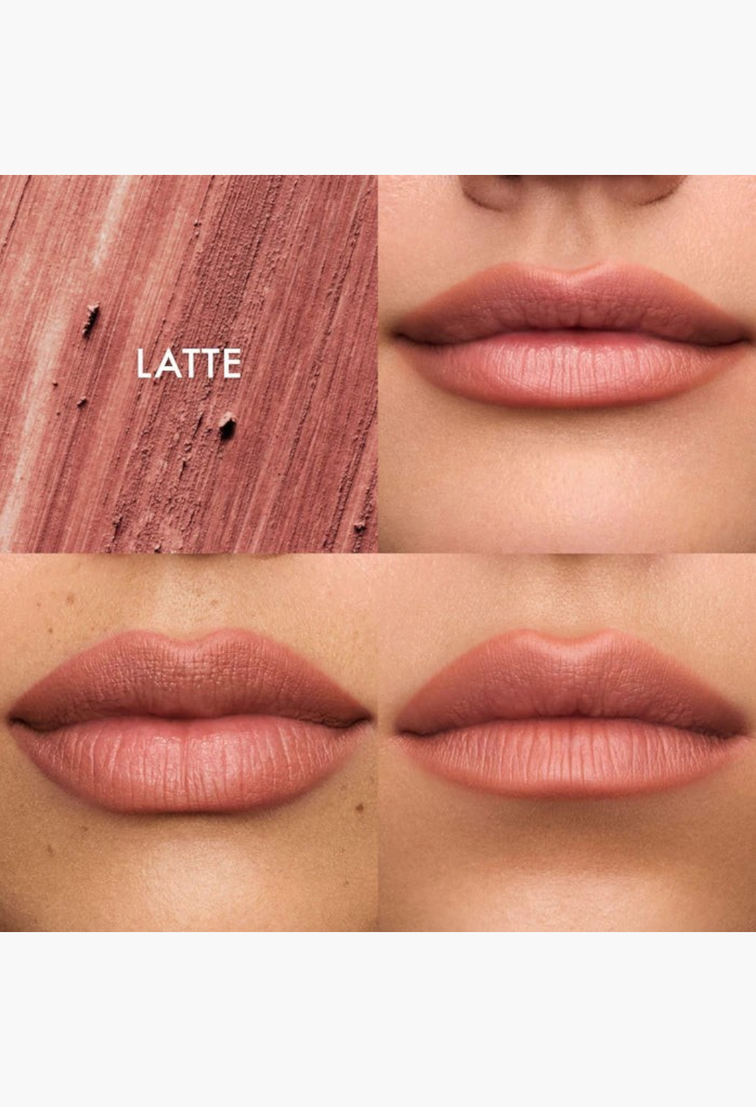 GLAM MODA SoftLine creamy lip liner in Latte shade, showing swatch texture and application on lips for a sculpted look