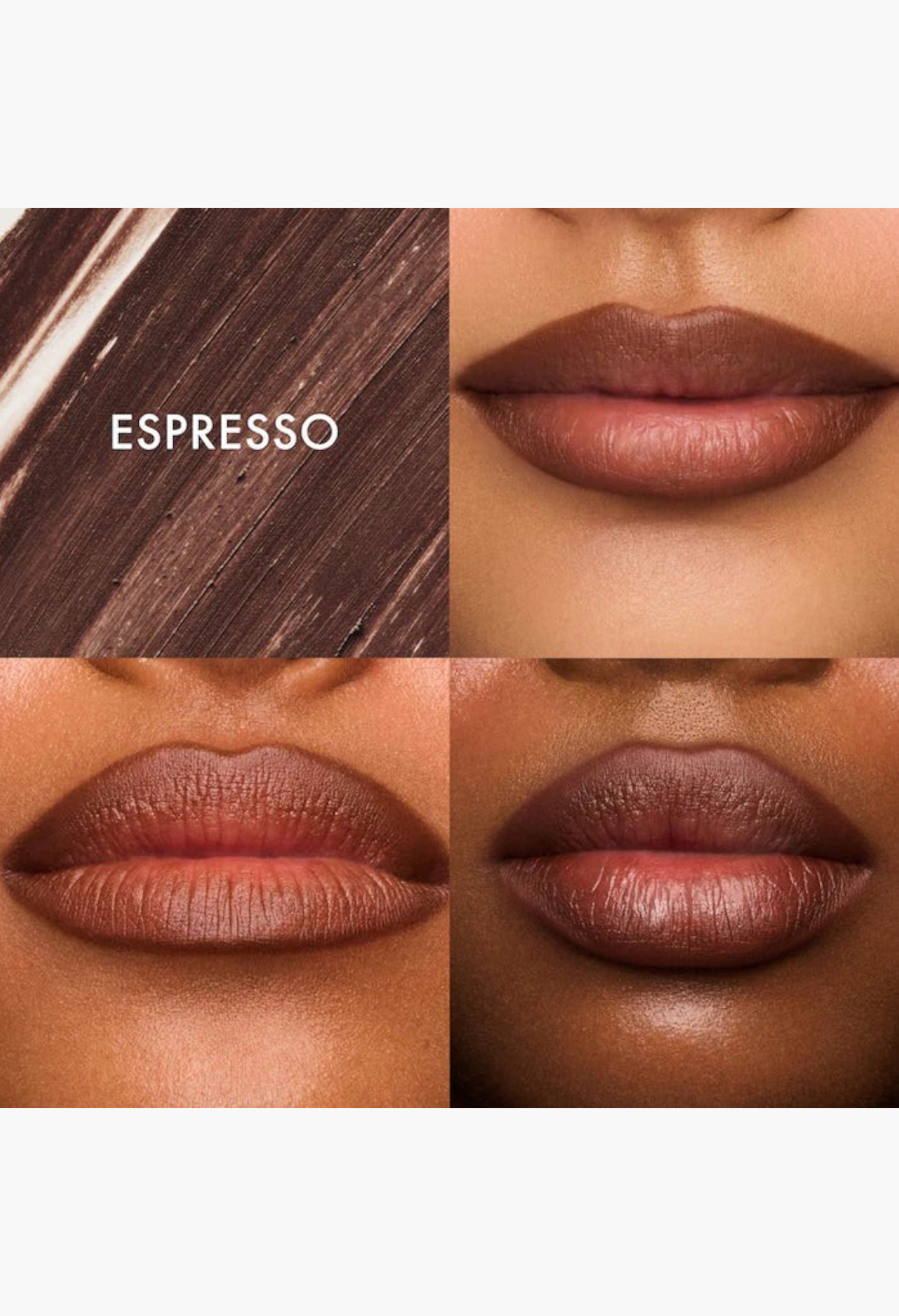 GLAM MODA SoftLine creamy sculpting lip pencil in Espresso shade, shown as a swatch and applied on lips.