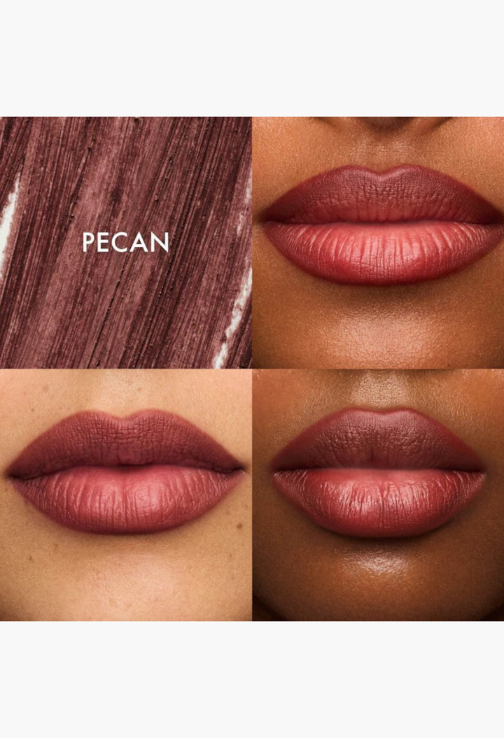 GLAM MODA SoftLine creamy sculpting lip liner in Pecan shade showing lip application and texture swatch