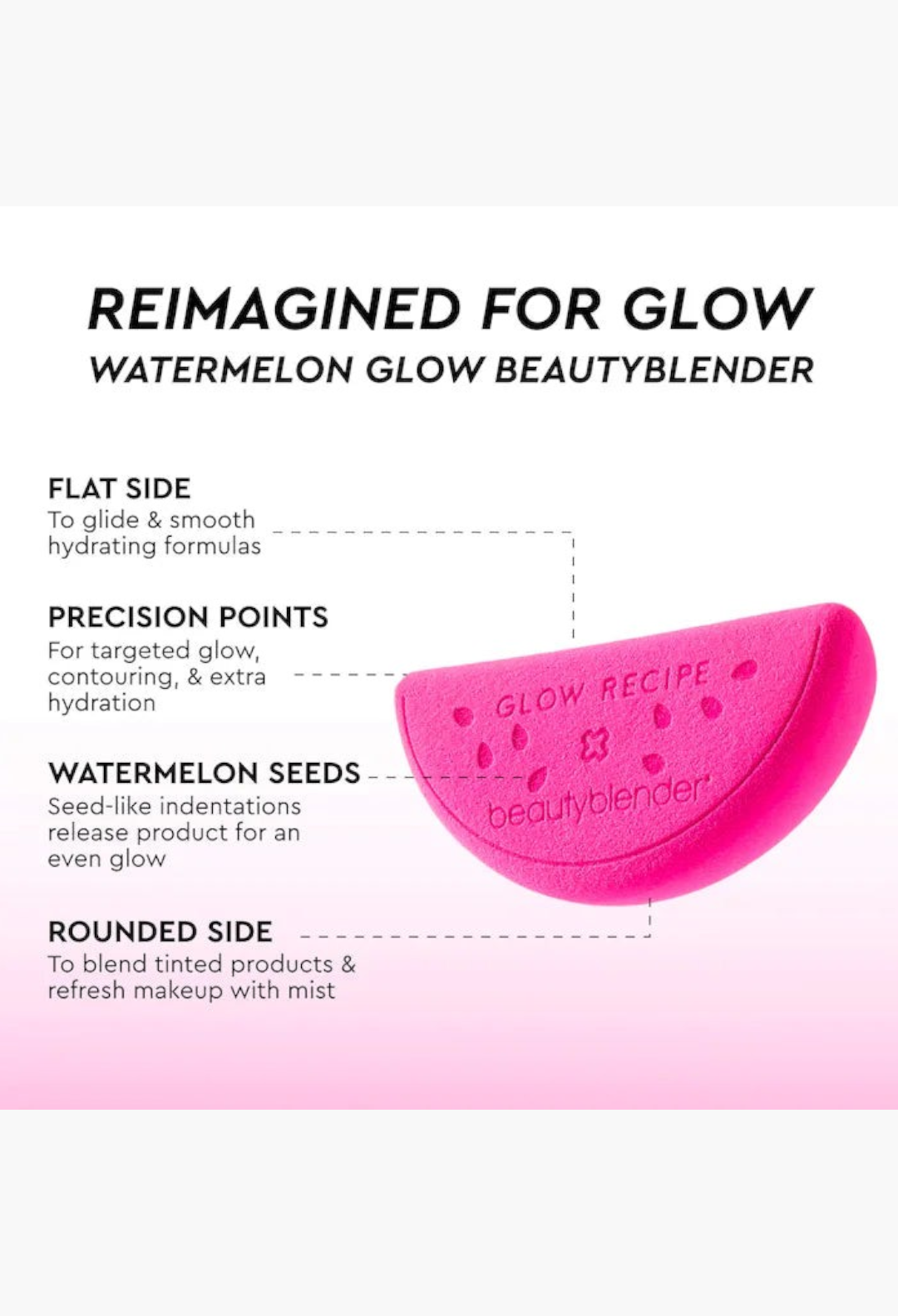 GLAM MODA Watermelon Glow Beautyblender sponge in bright pink with seed-like indentations and labeled design features.
