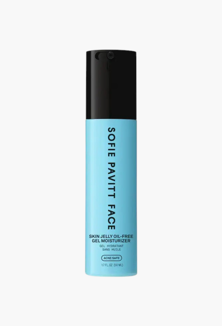 GLAM MODA Skin Jelly oil-free gel moisturizer in a light blue pump bottle for acne-prone skin.