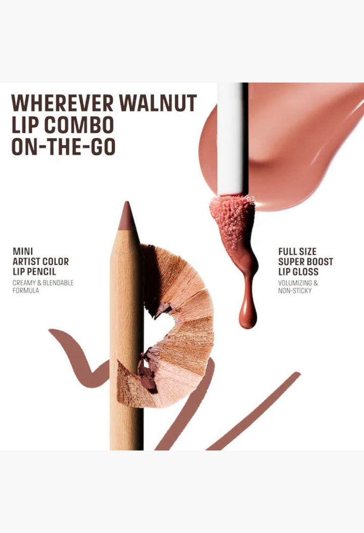 GLAM MODA Wherever Walnut lip set with a mini artist color pencil and a full-size volumizing super boost lip gloss.