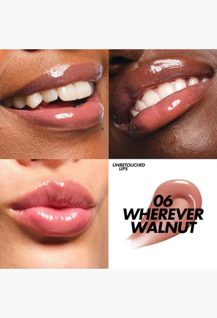 GLAM MODA Wherever Walnut lip pencil and gloss set showing glossy brown-toned lips on diverse skin tones