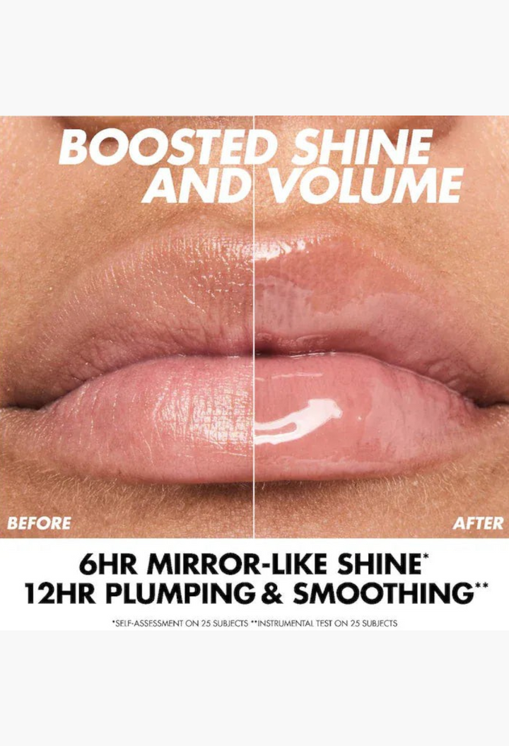 GLAM MODA lip before and after comparison showing natural lips versus lips with high-shine volumizing gloss.