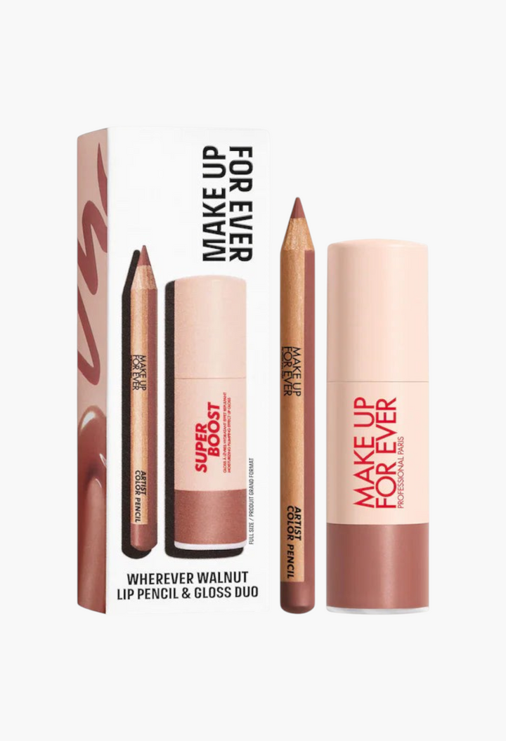 GLAM MODA Mini Artist Color Pencil and Super Boost Lip Gloss duo in Wherever Walnut shade for defined, shiny lips.