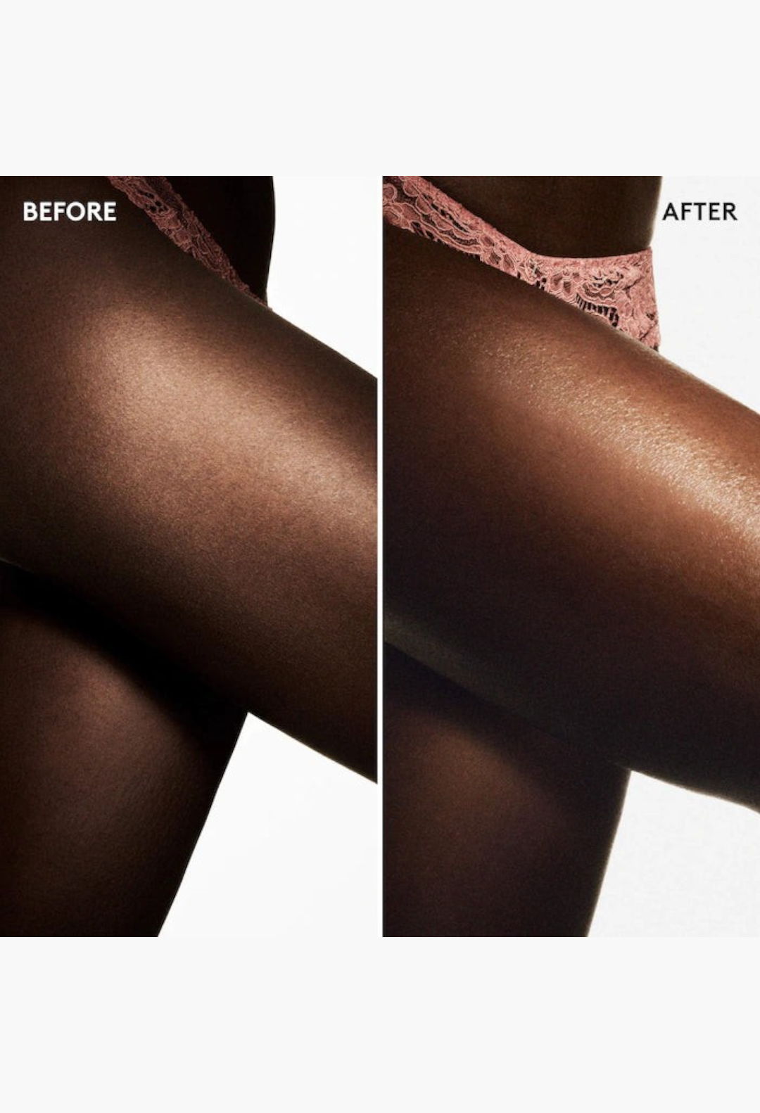 GLAM MODA Butta Drop Hydrating Body Milk before and after application showing glowing, moisturized skin on a leg.