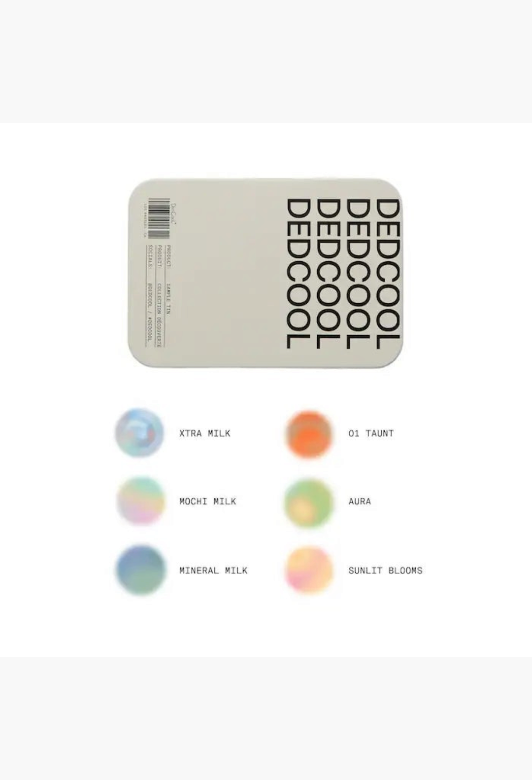 GLAM MODA DedCool fragrance discovery set featuring six vegan, genderless perfume samples in a branded metal tin.