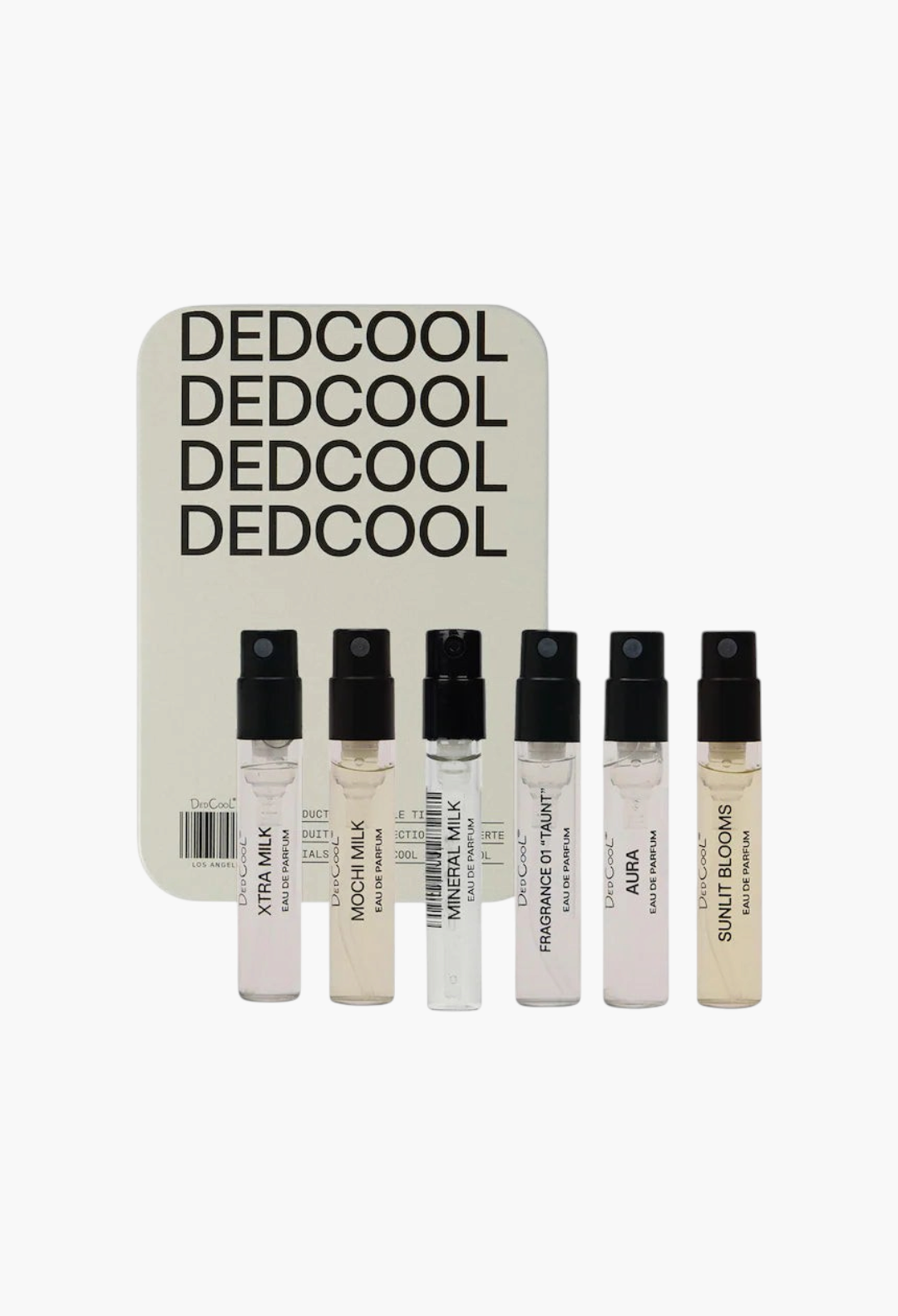 GLAM MODA DedCool fragrance discovery set featuring six mini vegan genderless eau de parfum spray vials in a tin case