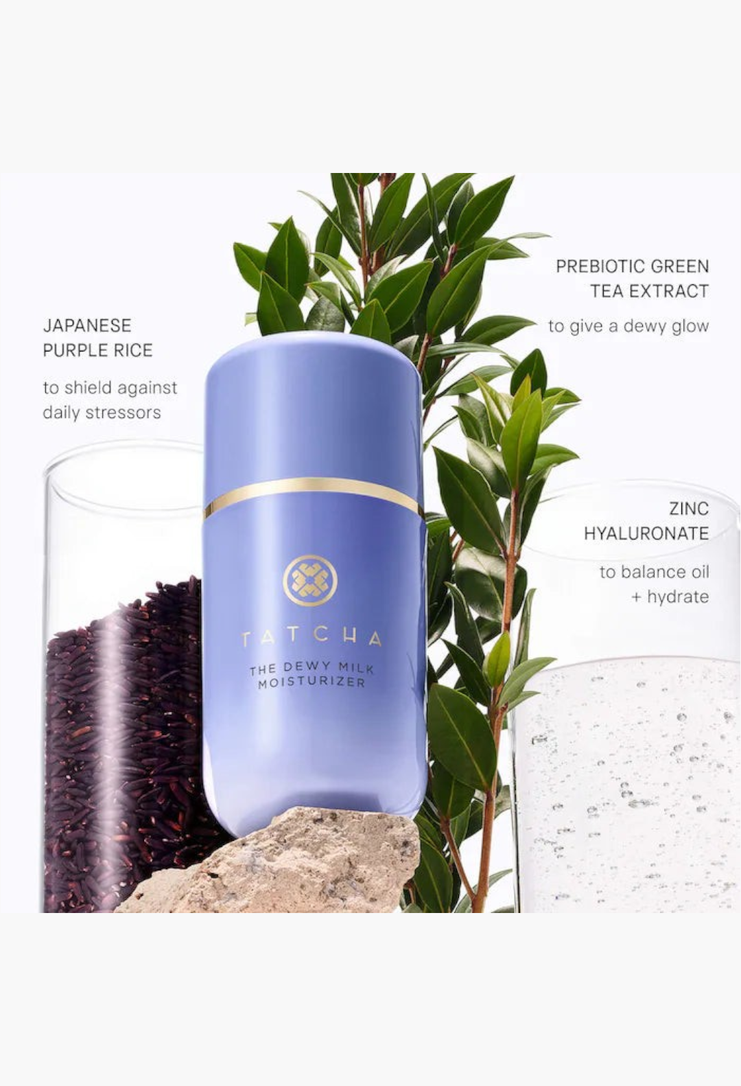 GLAM MODA Tatcha The Dewy Milk Moisturizer bottle with Japanese purple rice, green tea extract, and zinc hyaluronate.
