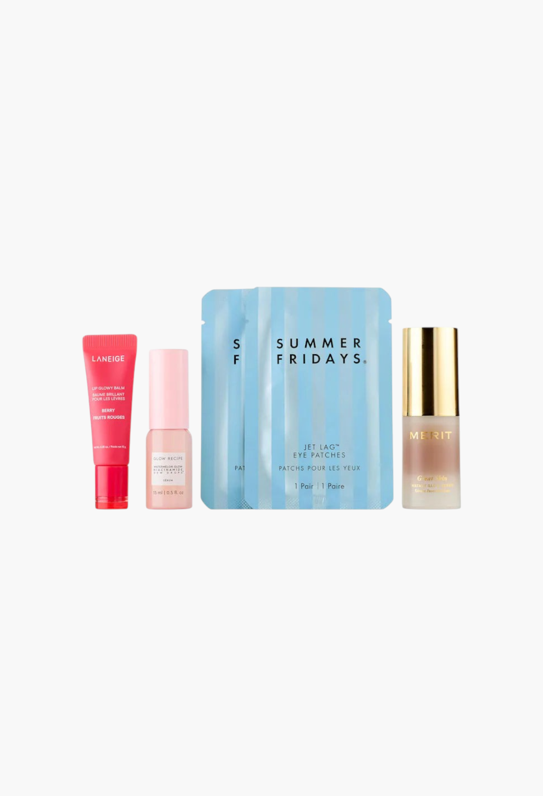 GLAM MODA Skincare Prep Set featuring Laneige lip balm, Glow Recipe serum, Summer Fridays eye patches, and Merit serum.
