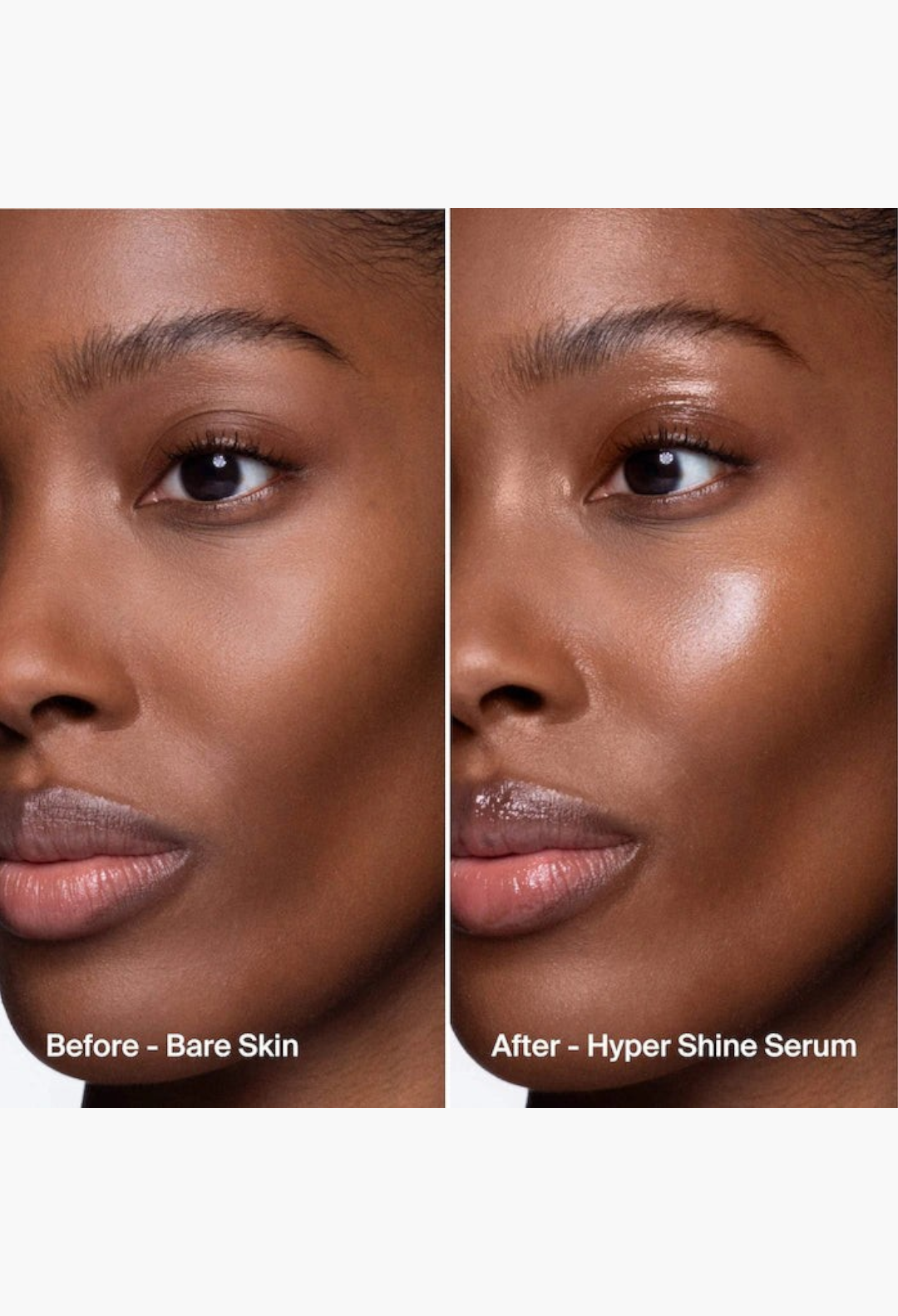 GLAM MODA Hyper Shine Glass Skin Makeup Mixing Serum applied to a model's cheekbone for a dewy luminous finish