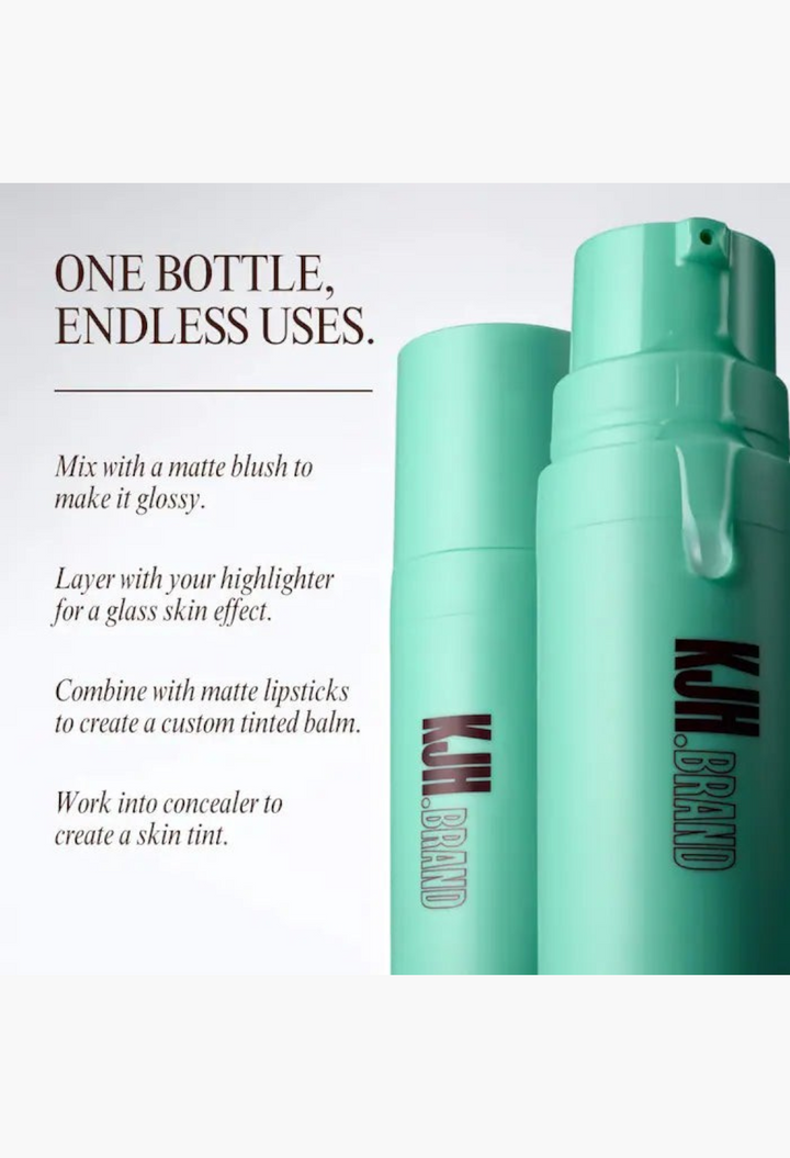 GLAM MODA Hyper Shine Glass Skin Makeup Mixing Serum in a mint green pump bottle for a dewy, luminous finish.