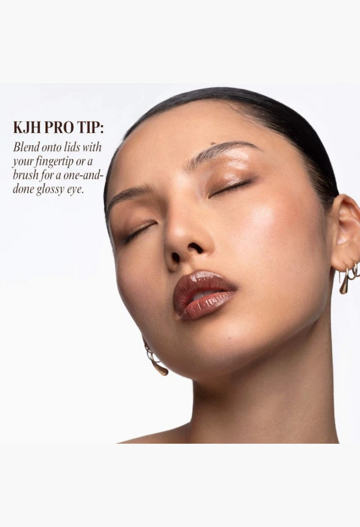 GLAM MODA Hyper Shine Glass Skin Makeup Mixing Serum applied to model for a dewy, luminous, and glossy finish.