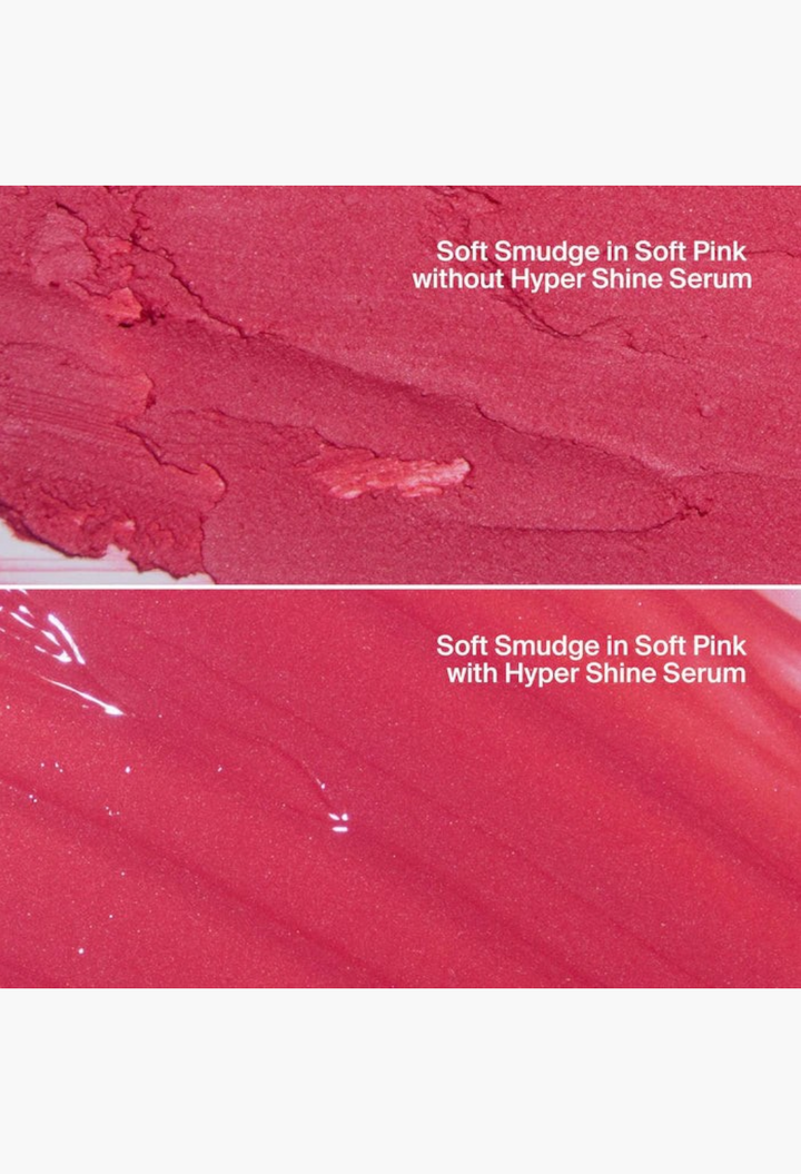 GLAM MODA Hyper Shine Glass Skin Makeup Mixing Serum swatch comparison showing matte versus glossy pink pigment finish