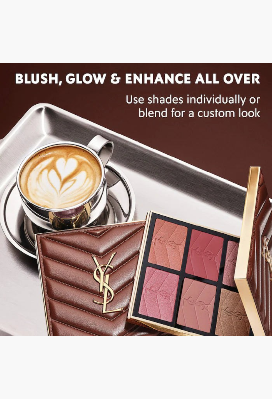 GLAM MODA YSL Brewed Reflections Couture Face Palette featuring six blush and highlighter shades in a quilted case.