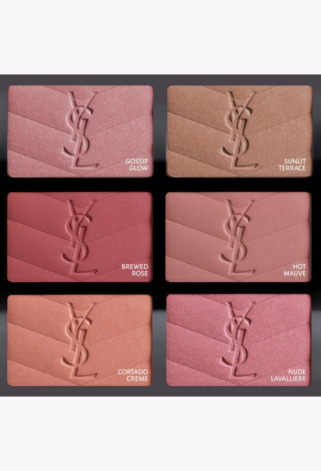 GLAM MODA YSL Brewed Reflections Couture Face Palette featuring six blush and blushlighter shades with embossed logos.